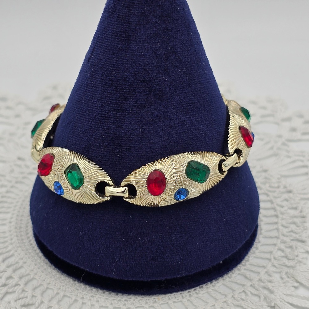 Vintage Multi Color Rhinestone Link Bracelet Gold Tone Red Green Blue